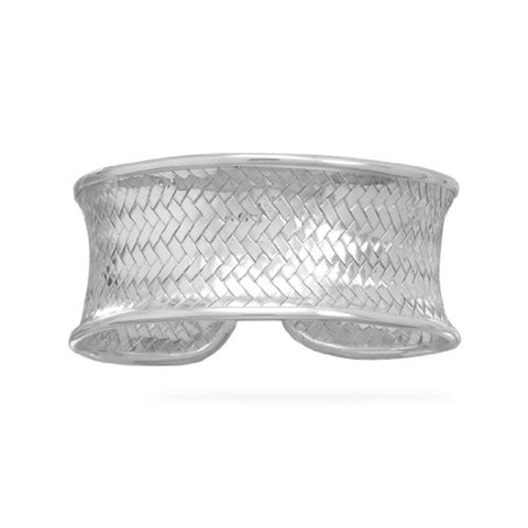 Wide Cuff Bracelet with Weave Design Sterling Silver