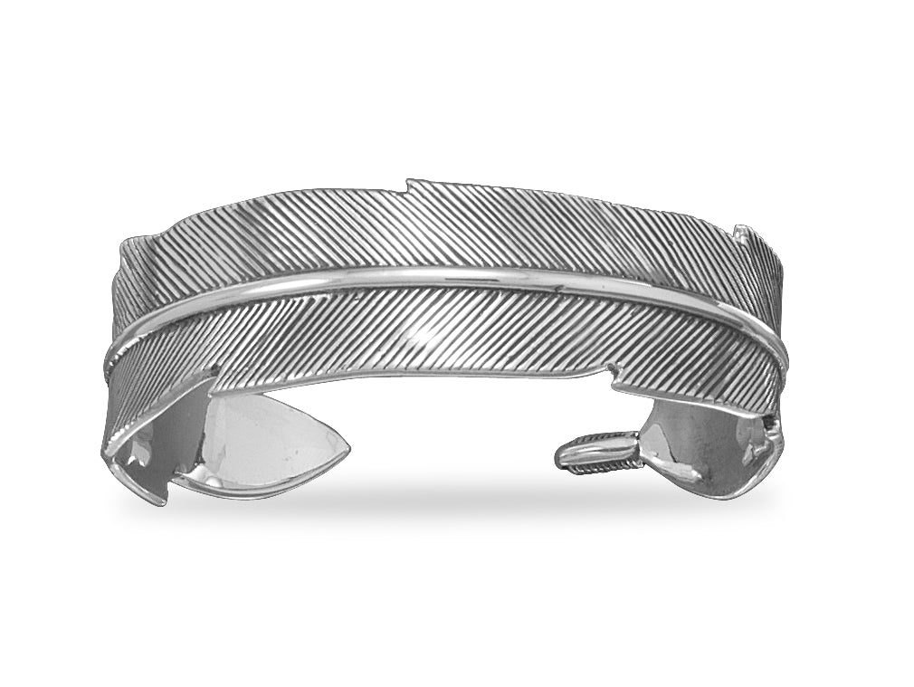 Cuff Bracelet Feather Design Antiqued Sterling Silver 17mm width