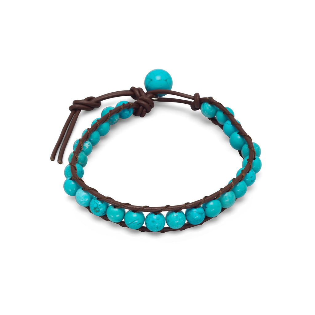 Brown Leather Bracelet with Turquoise-color Magnesite Beads Toggle Closure