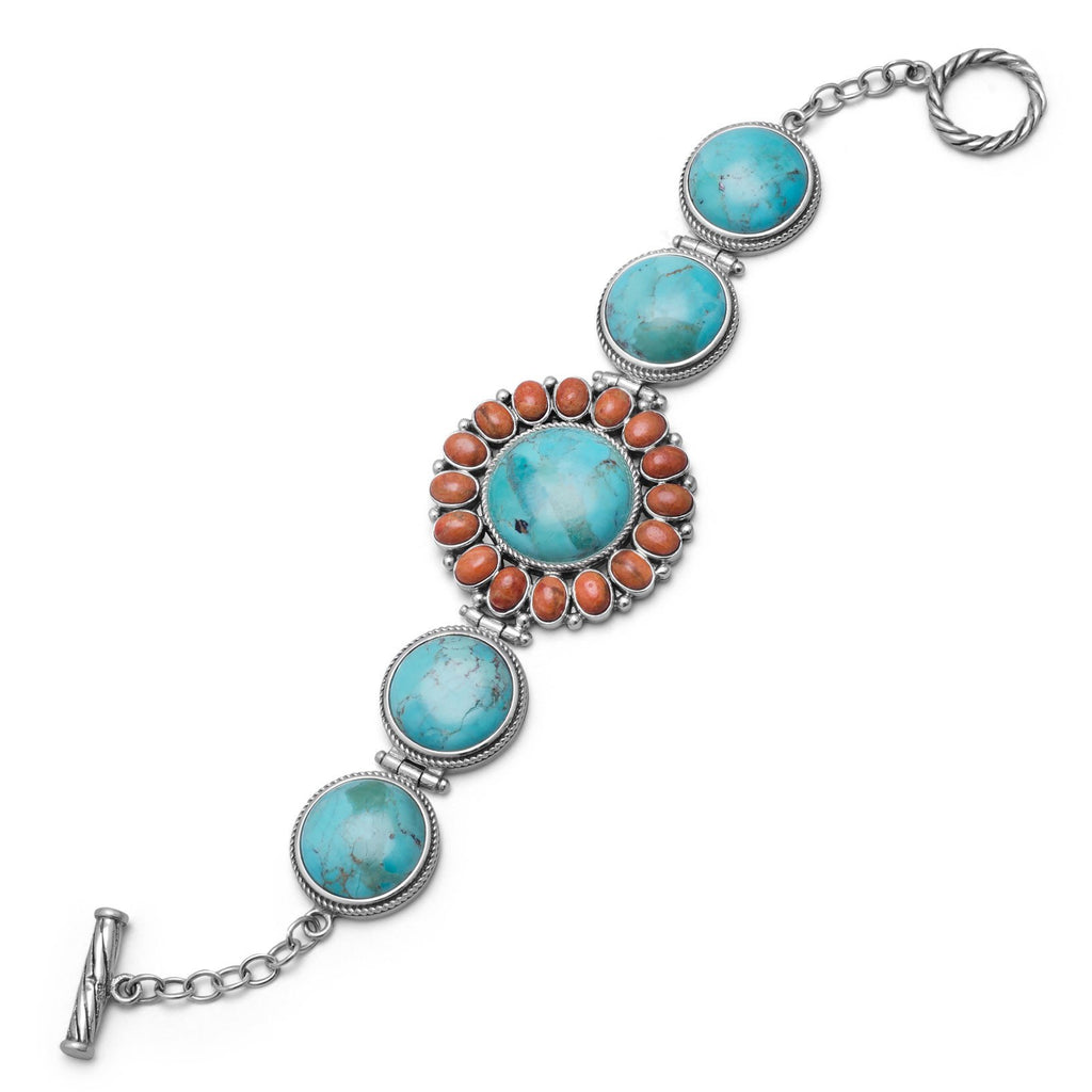 Sterling Silver Reconstituted Turquoise and Coral Toggle Bracelet