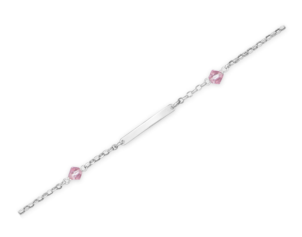 ID Bracelet with Pink Crystals Adjustable Length Sterling Silver