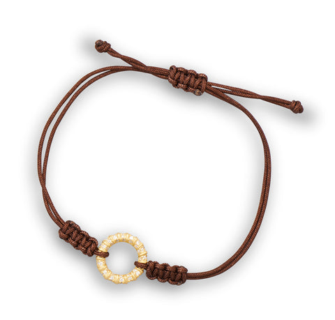 Gold-plated Sterling Circle with Cubic Zirconia on Brown Cord Double Strand Adjustable Bracelet