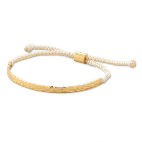 Adjustable Cord Bracelet Textured Bar Cream with Gold-plated Sterling Silver