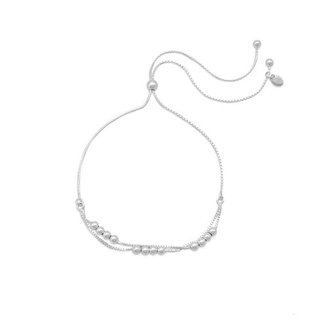 Sterling Silver Box Chain Two-strand Bracelet with Beads Adjustable Length