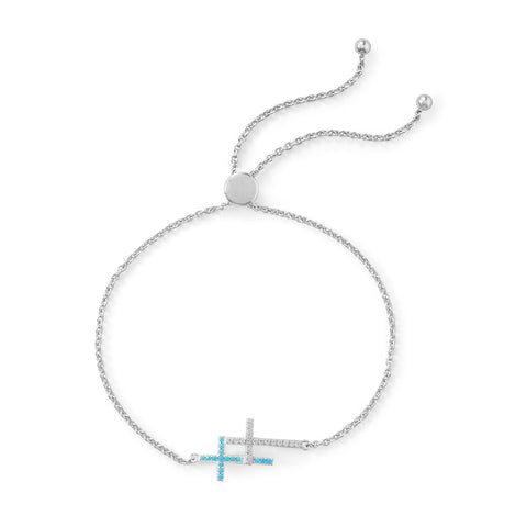 Double Sideways Cross Bolo Friendship Bracelet Sterling Silver Cubic Zirconia