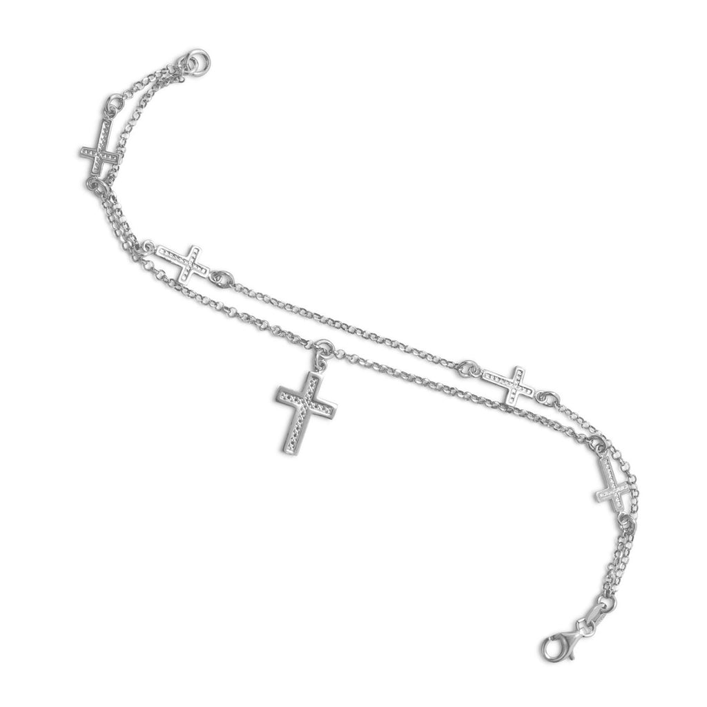 Cross Charm Bracelet Double Layer Rhodium on Sterling Silver - Nontarnish