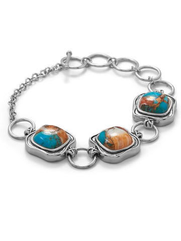 Sterling Silver Turquoise and Spiny Oyster Compressed Stone Toggle Bracelet