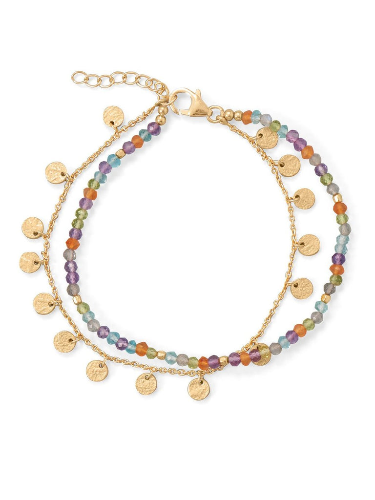 Multistone 2-strand 14k Gold-plated Silver Bracelet with Gold Disks Adjustable