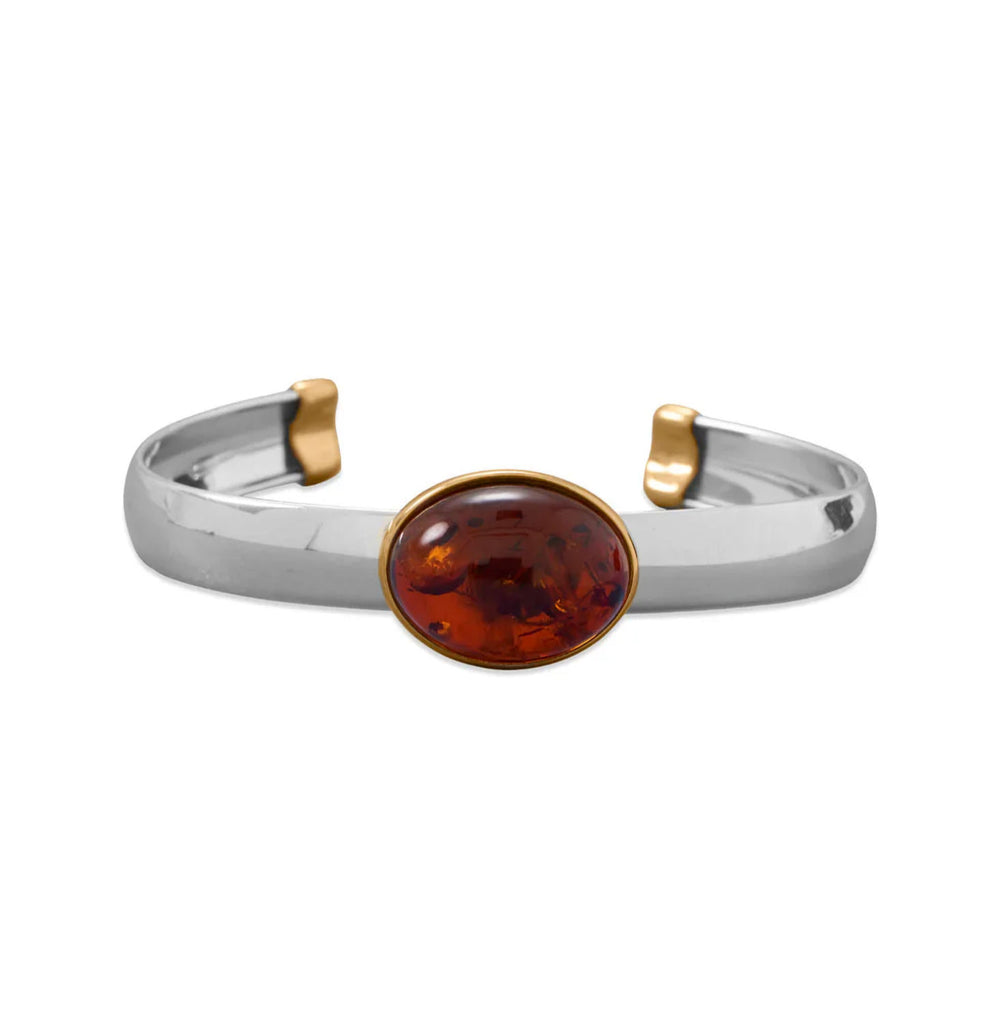 Baltic Amber Cuff Bracelet with Sterling Silver and 24k Gold-plated Accents