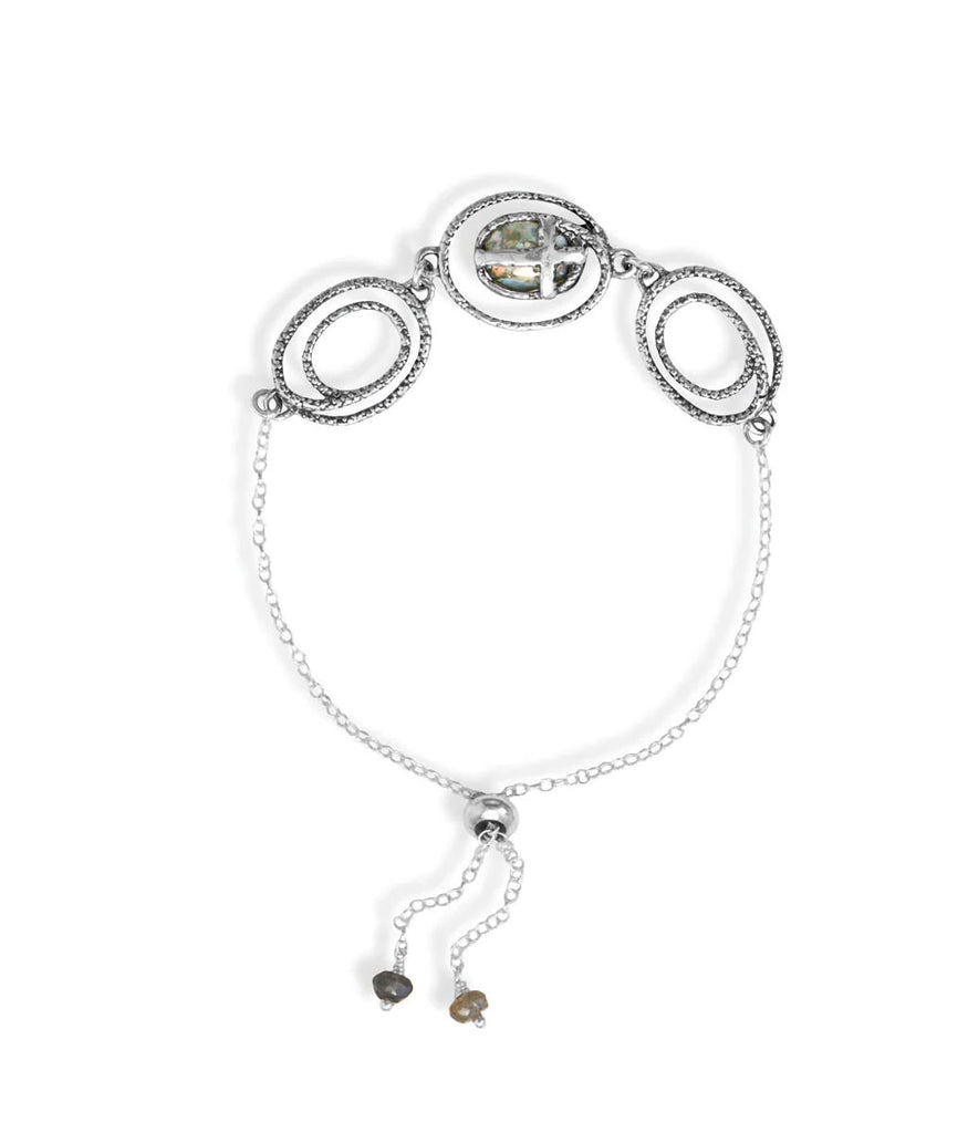 Ancient Roman Glass Bolo Bracelet with Sideways Cross Sterling Silver with Labradorite Beads