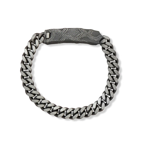 Mens Curb Chain ID Bracelet with Handmade Snakeskin Plate Black Ruthenium Brushed Sterling Silver