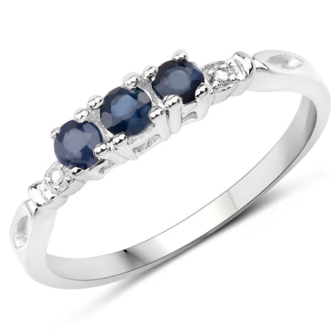 Three-stone Genuine Sapphire Ring Rhodium on Silver September Birthstone, size 6