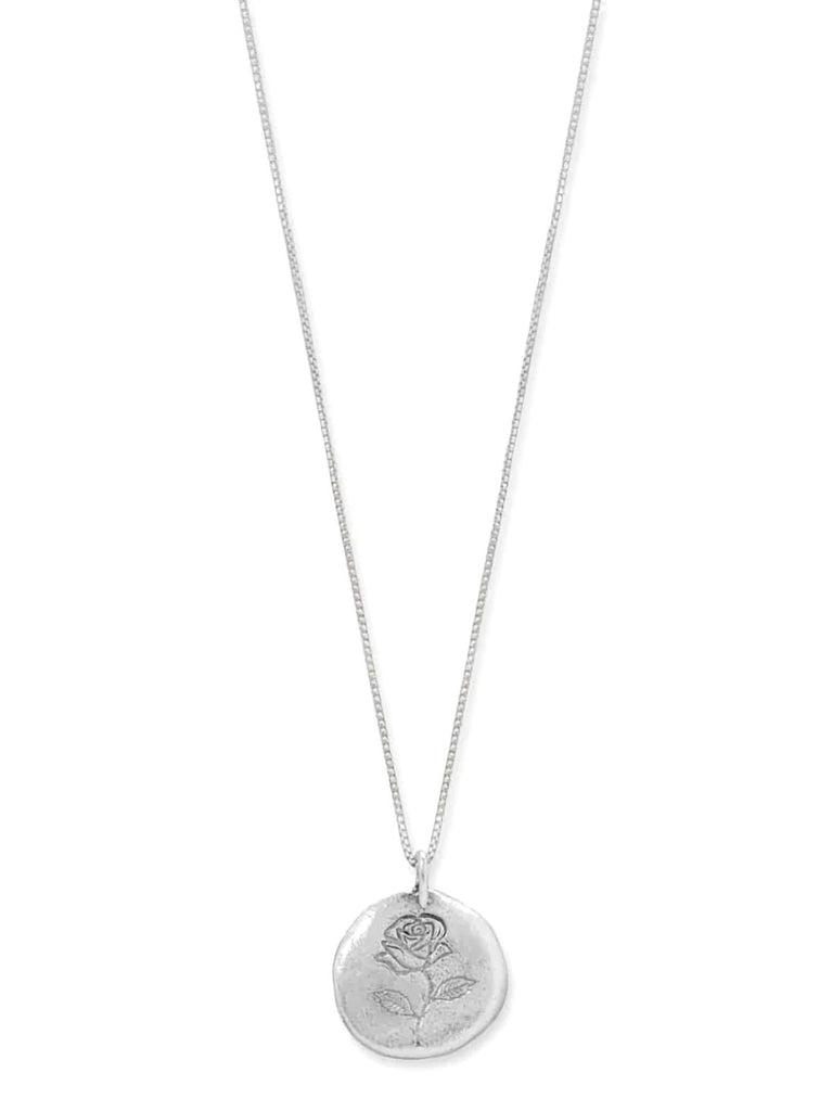 Sterling Silver Engraved Rose Disk Necklace Pendant on Box Chain