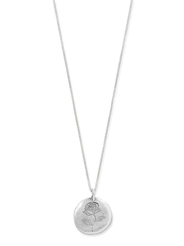 Sterling Silver Engraved Rose Disk Necklace Pendant on Box Chain