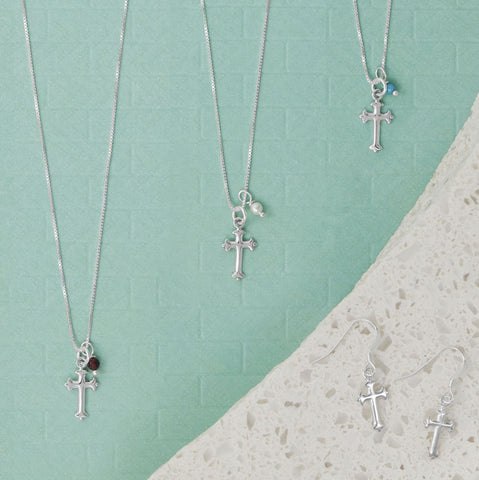 Cross Necklace with Birthstone Charm Sterling Silver