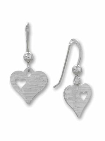 Sterling Silver Heart Dangle Earrings with Open Heart Laser Cut