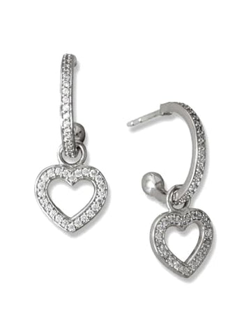 Hoop Earrings with Heart Dangle Rhodium on Sterling Silver with Sparkling Cubic Zirconia