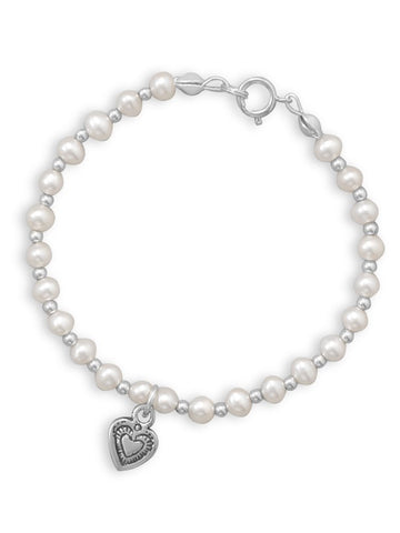 Cultured Freshwater Pearl and Sterling Silver Oxidized Heart Bracelet