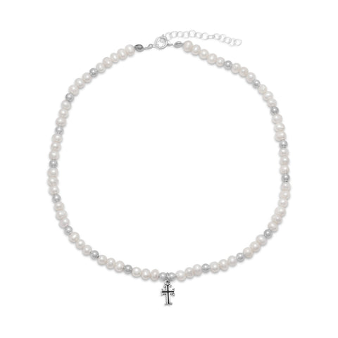 White Cultured Freshwater Pearl Necklace with Cross Sterling Silver