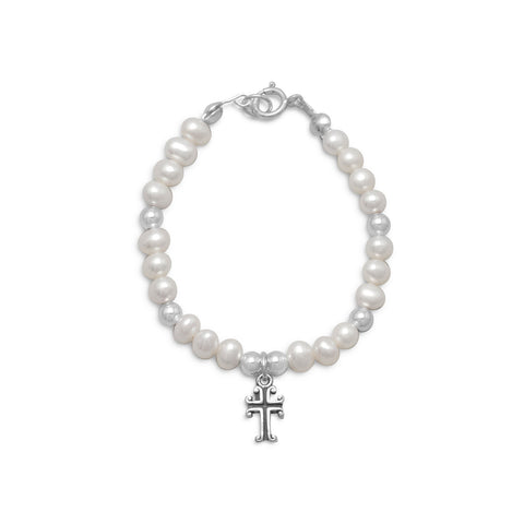 Small 5-inch Cultured Freshwater Pearl Sterling Silver Cross Bracelet