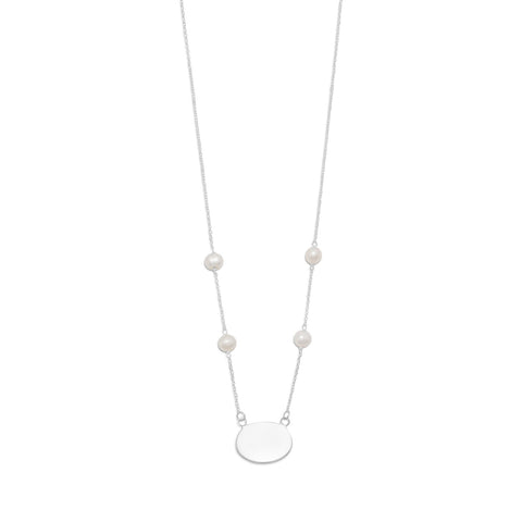 White Cultured Freshwater Pearls and Oval Tag Engraveable Chain Sterling Silver Necklace