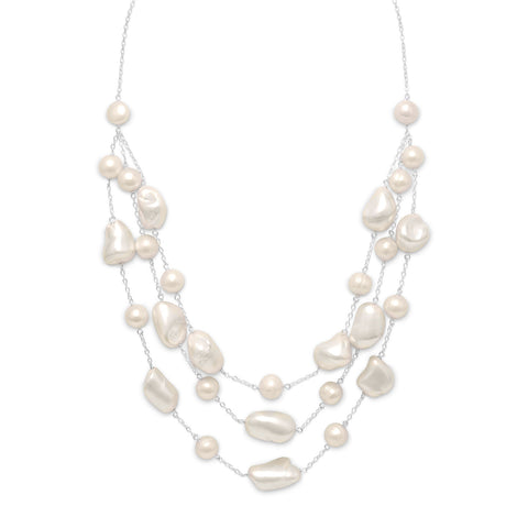 Cultured Freshwater Pearl Bib Necklace with Shell Sterling Silver, Adjustable