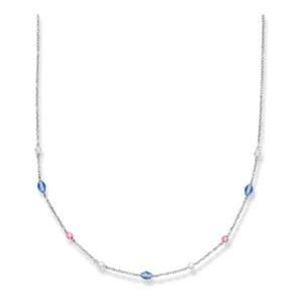 Crystal Station Necklace Pink Clear and Blue Crystals Rhodium on Sterling Silver