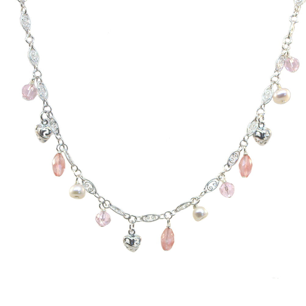 Charm Necklace with Pink Crystal, Cultured Pearls, Cherry Glass and Heart Drops