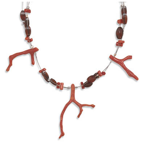 Red Branch Necklace with Baltic Amber Three Strands Wire Sterling Silver