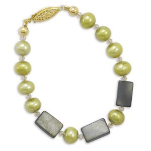 14K Yellow Gold-filled Bracelet with Green Dyed Freshwater Cultured Pearls and Crystals