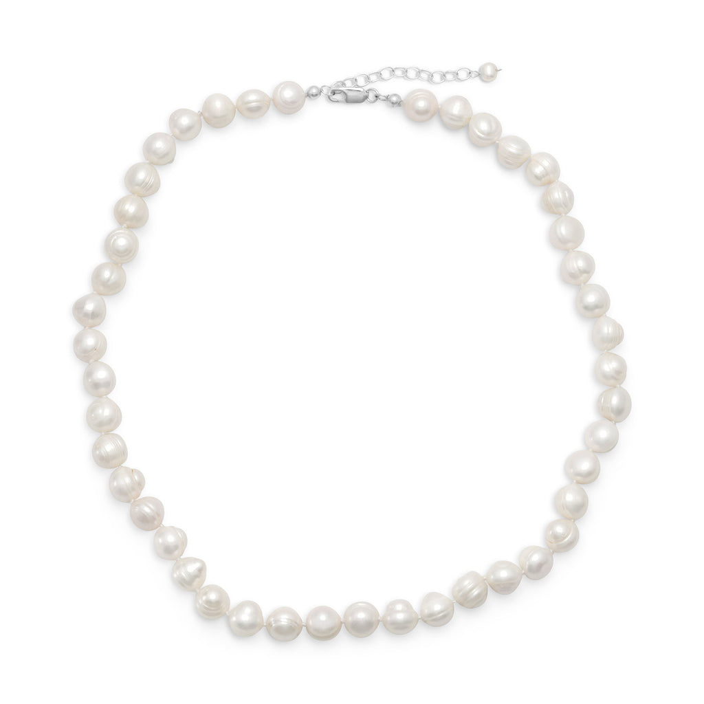 White Cultured Freshwater Pearl Necklace with 10mm Pearls Individually Knotted Sterling Silver