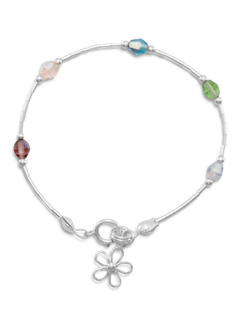 Flower Charm Bracelet with Liquid Silver Multicolor Crystals Sterling, Made in the USA