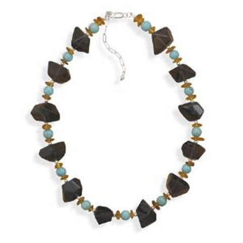 Smoky Quartz, Reconstituted Turquoise and Baltic Amber Necklace Sterling Silver - Made in the USA