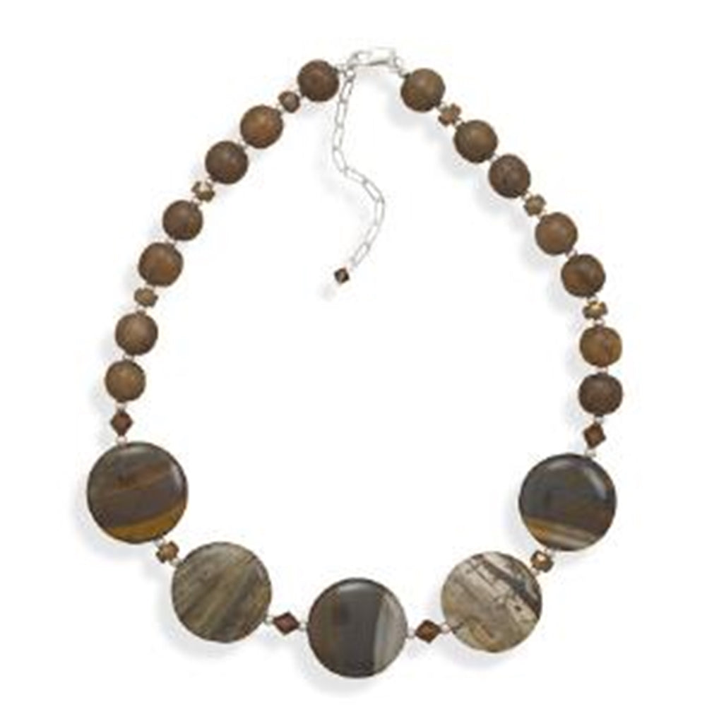 Round Zebra Jasper, Crystal, and Wood Bead Necklace Sterling Silver
