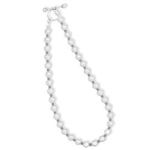 White Cultured Freshwater Pearl Bridal Toggle Necklace with Bali Beads