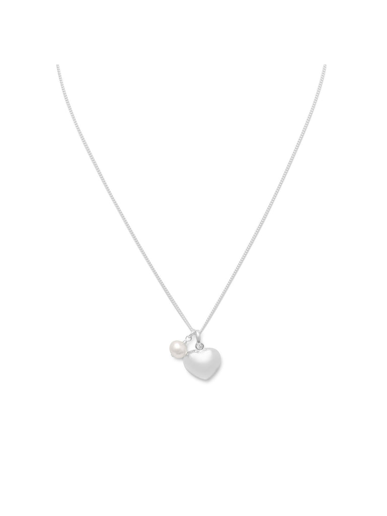White Cultured Freshwater Pearl and Puffy Heart Charm Necklace Sterling Silver 16 inch Length