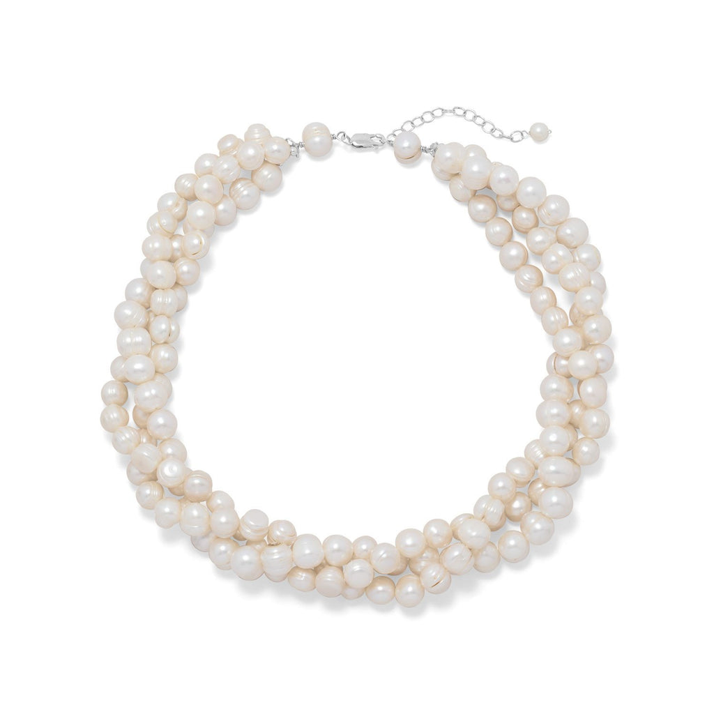 Three Strand Torsade Cultured Freshwater Pearl Necklace Sterling Silver Adjustable Length