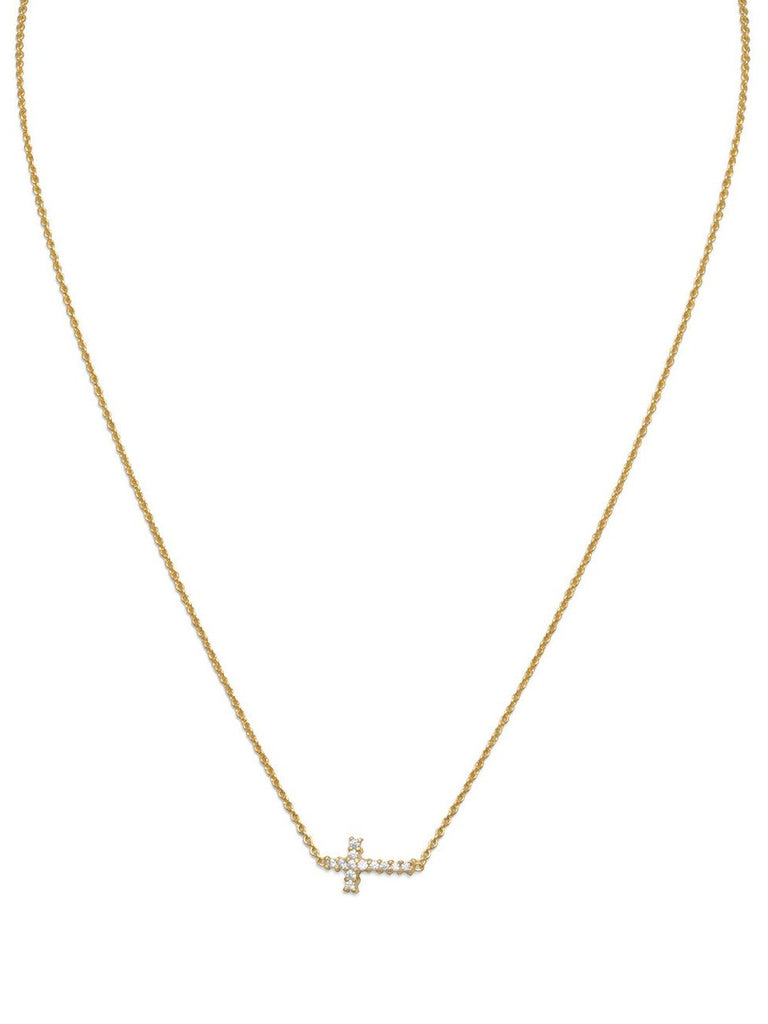 Side Set Cross Necklace with Cubic Zirconia CZ Gold-plated Sterling Silver