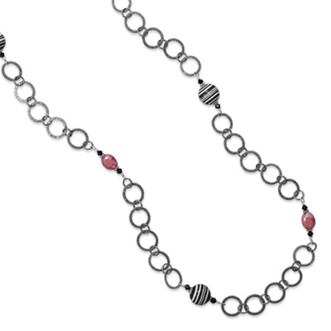 Black and White Red Bead Necklace Sterling Silver Gunmetal Finish Hammered Long Endless Style