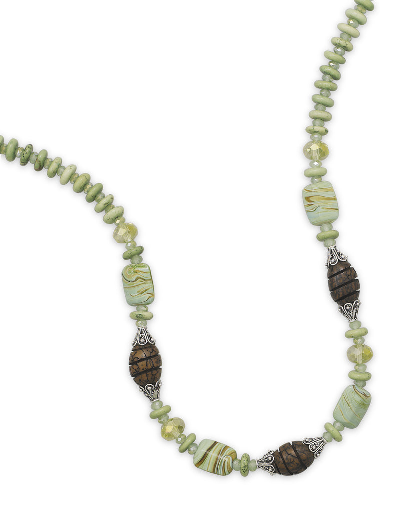 Green and Brown Swirled Lampwork and Wood Bead Necklace Sterling Silver Adjustable - Made in the USA