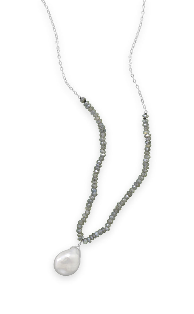 Labradorite and Baroque Cultured Freshwater Pearl Drop Necklace Sterling Silver Adjustable Length