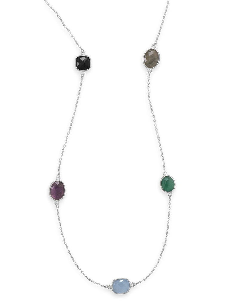 Black Onyx, Amethyst, Blue Chalcedony, Green Onyx, and Labradorite Necklace Sterling Silver