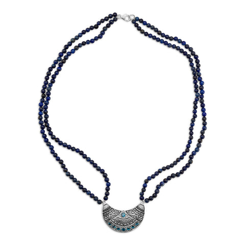 Lapis Lazuli Bead Double Strand Necklace Crescent Antiqued Pendant with Blue Topaz