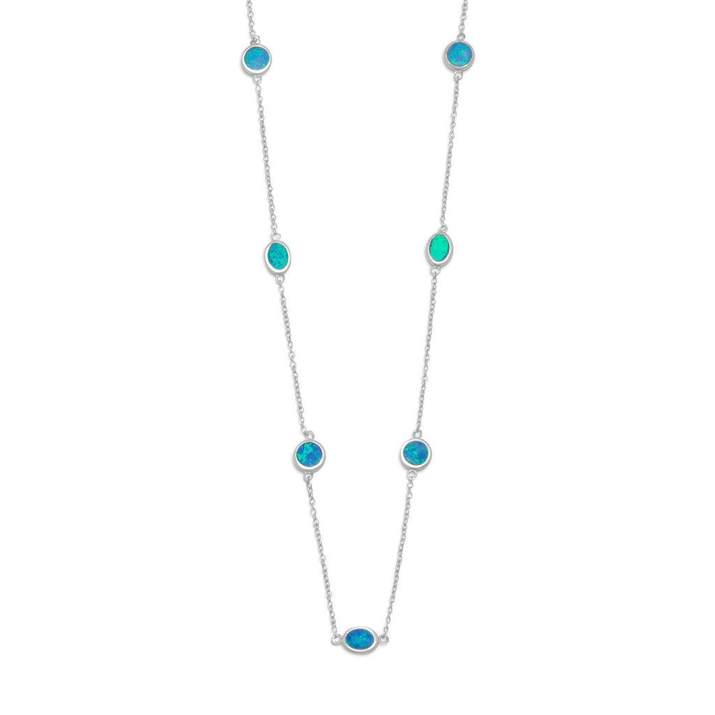 Blue Opal Necklace with Round and Oval Stones Rhodium on Sterling Silver - Nontarnish
