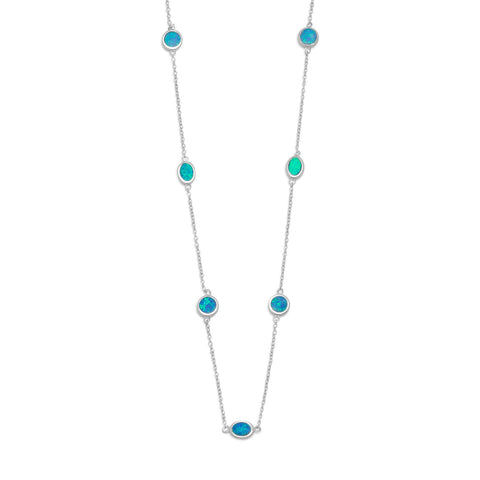 Blue Opal Necklace with Round and Oval Stones Rhodium on Sterling Silver - Nontarnish