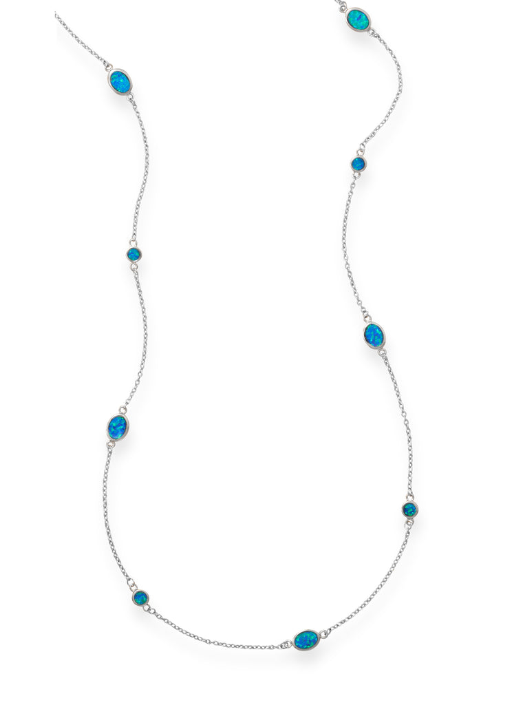 Blue Opal Station Style Chain Necklace 46 inches in Length Sterling Silver