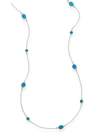 Blue Opal Station Style Chain Necklace 46 inches in Length Sterling Silver