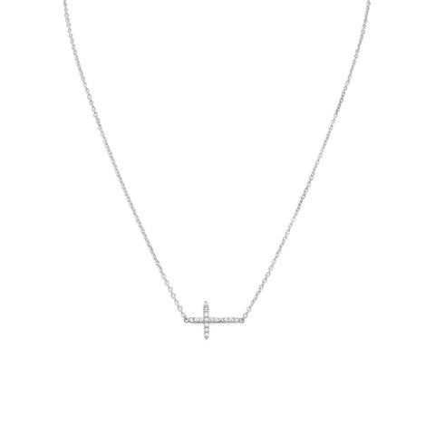 Side Set Cross Necklace with Sparkling Cubic Zirconia Rhodium on Sterling Silver - Nontarnish