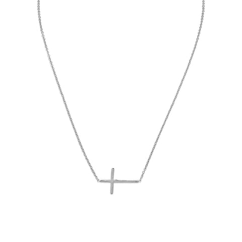 Side Set Cross Necklace Rhodium Plated Sterling Silver Nontarnish Adjustable Length