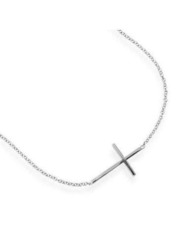 Side Set Cross Bracelet Rhodium on Sterling Silver Nontarnish, Adjustable Length